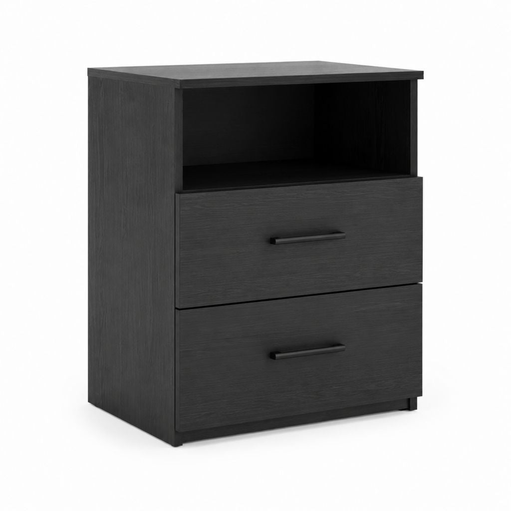 Table de chevet noire en panneaux de particules mélaminés avec 2 tiroirs et niche ouverte 40 x 35 x 55 cm