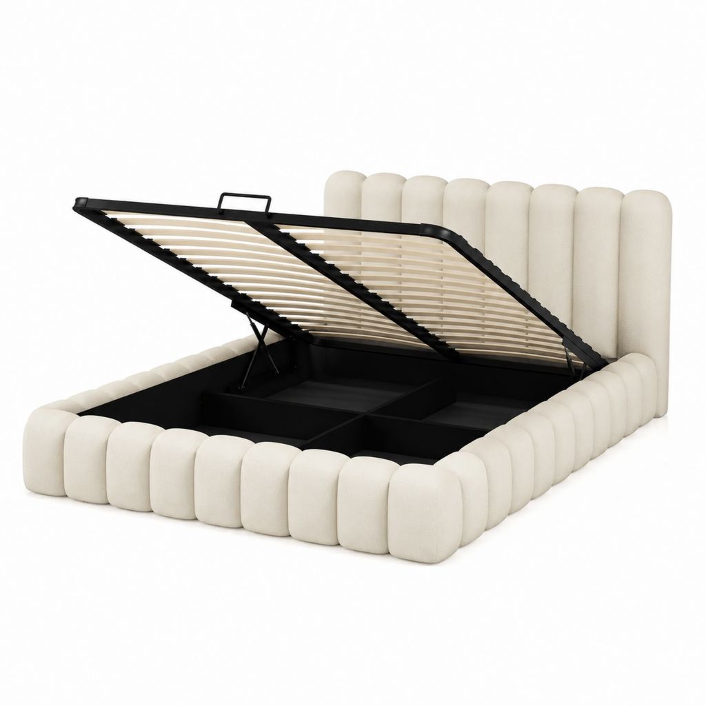 Lit coffre 160 x 200 cm beige en polyester avec sommier à lattes et ouverture relevable