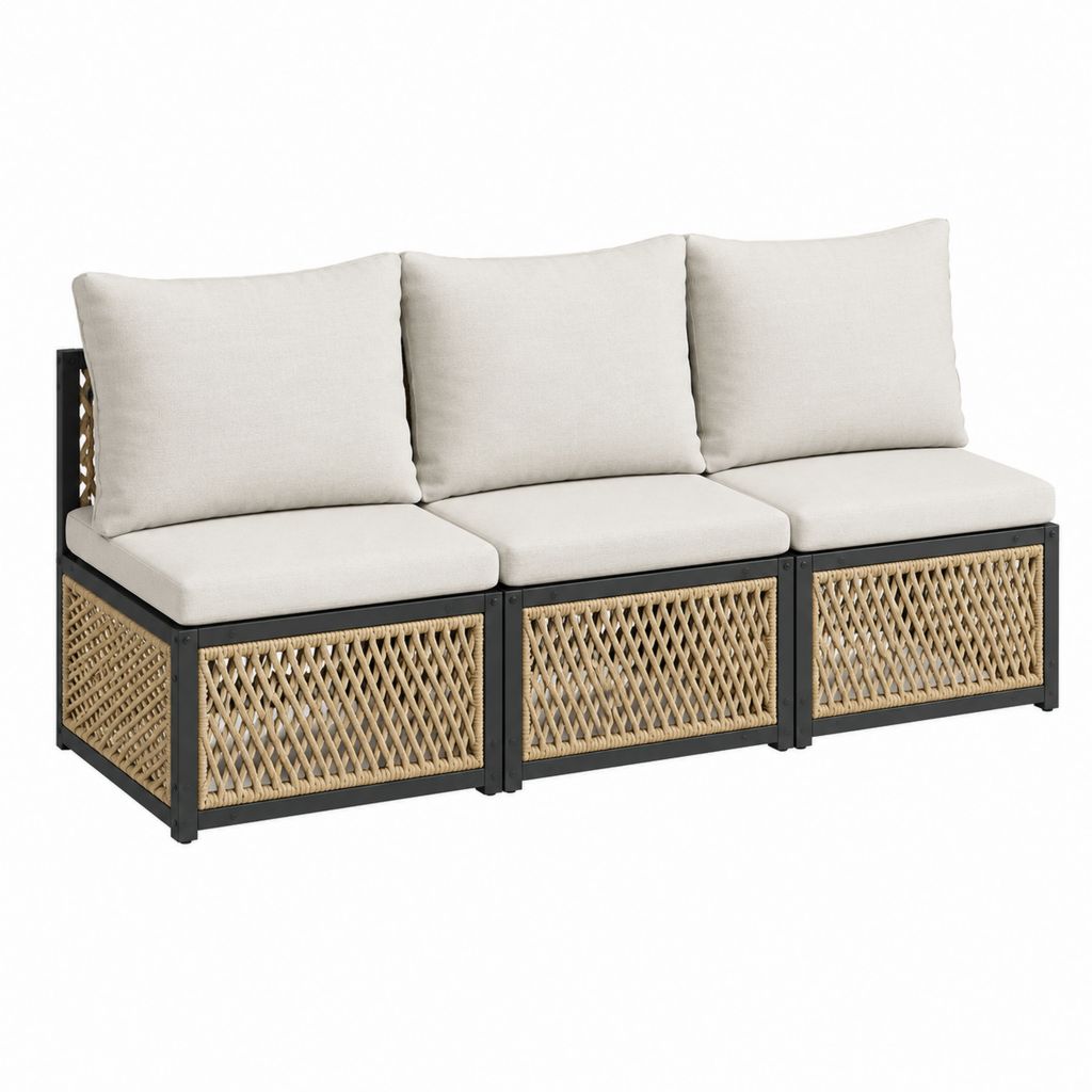 Canapé de jardin modulable 3 places noir et beige en acier et corde PE 225 x 75 x 70 cm