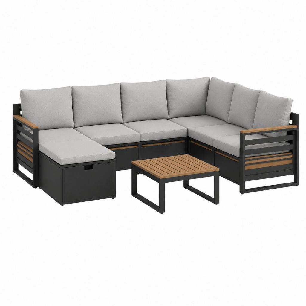 Salon de jardin d'angle 6 places noir gris en aluminium avec coussins polyester et table basse 220 x 220 cm