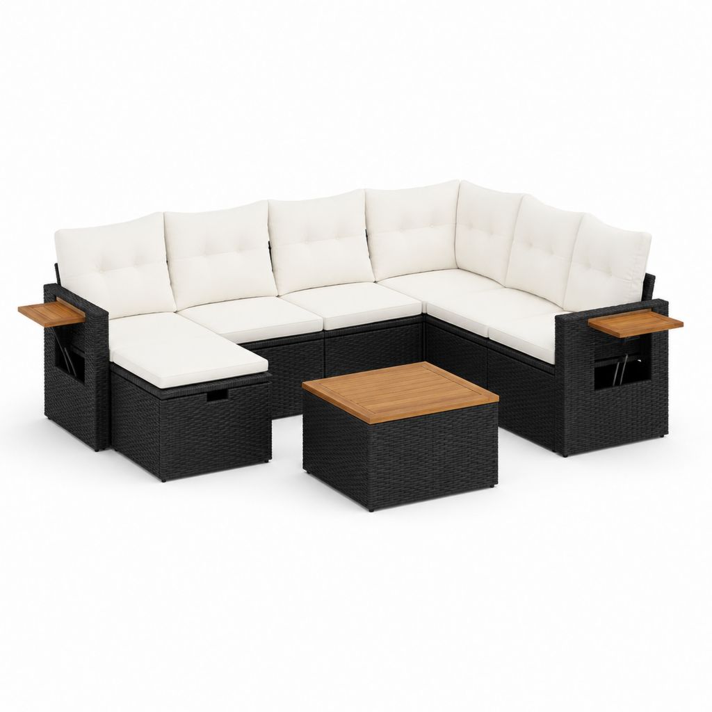 Salon de jardin d'angle 6 places noir et crème en résine tressée PE avec table basse 280 x 210 x 70 cm
