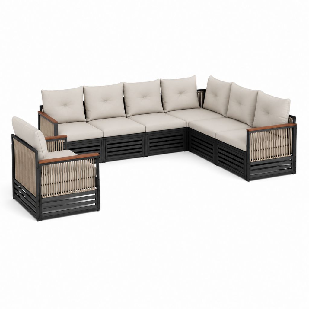 Salon de jardin d'angle 5 places avec fauteuil noir et beige en aluminium et corde PE 280 x 220 x 75 cm