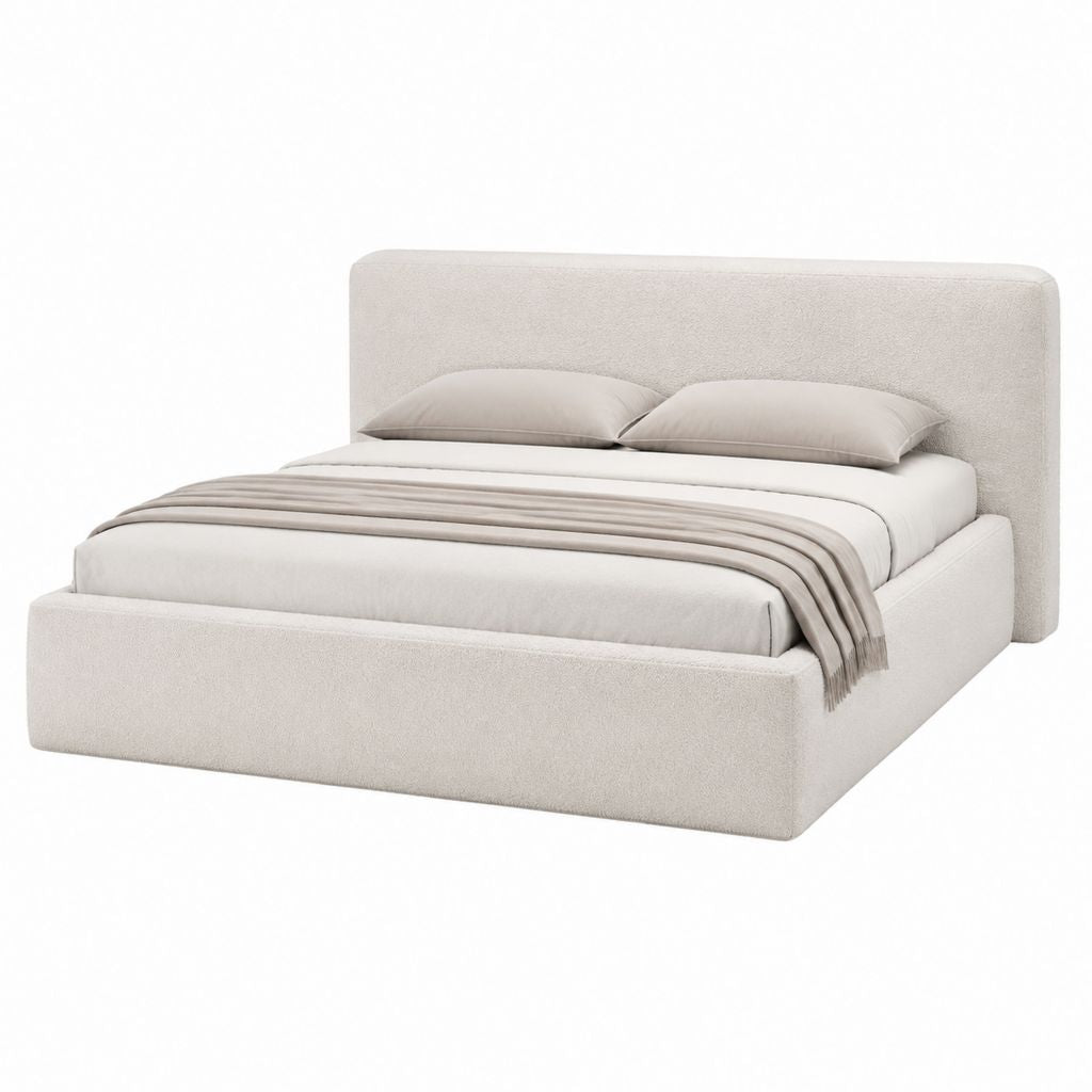 Lit coffre 160 x 200 cm beige en polyester bouclé avec tête de lit capitonnée