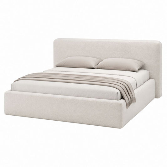 Lit coffre 160 x 200 cm beige en polyester bouclé avec tête de lit capitonnée