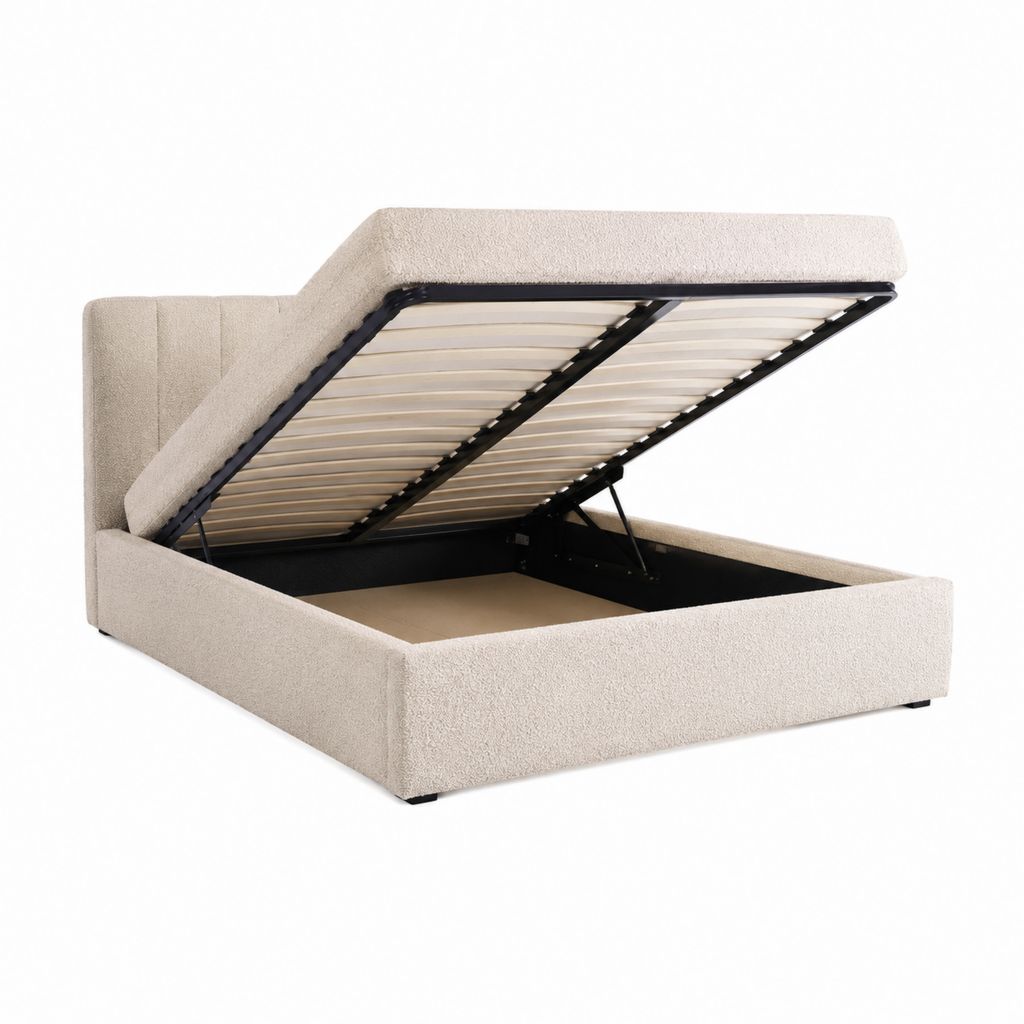 Lit coffre rectangulaire 160 x 200 cm beige en polyester bouclette avec sommier relevable
