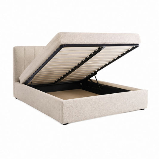 Lit coffre rectangulaire 160 x 200 cm beige en polyester bouclette avec sommier relevable