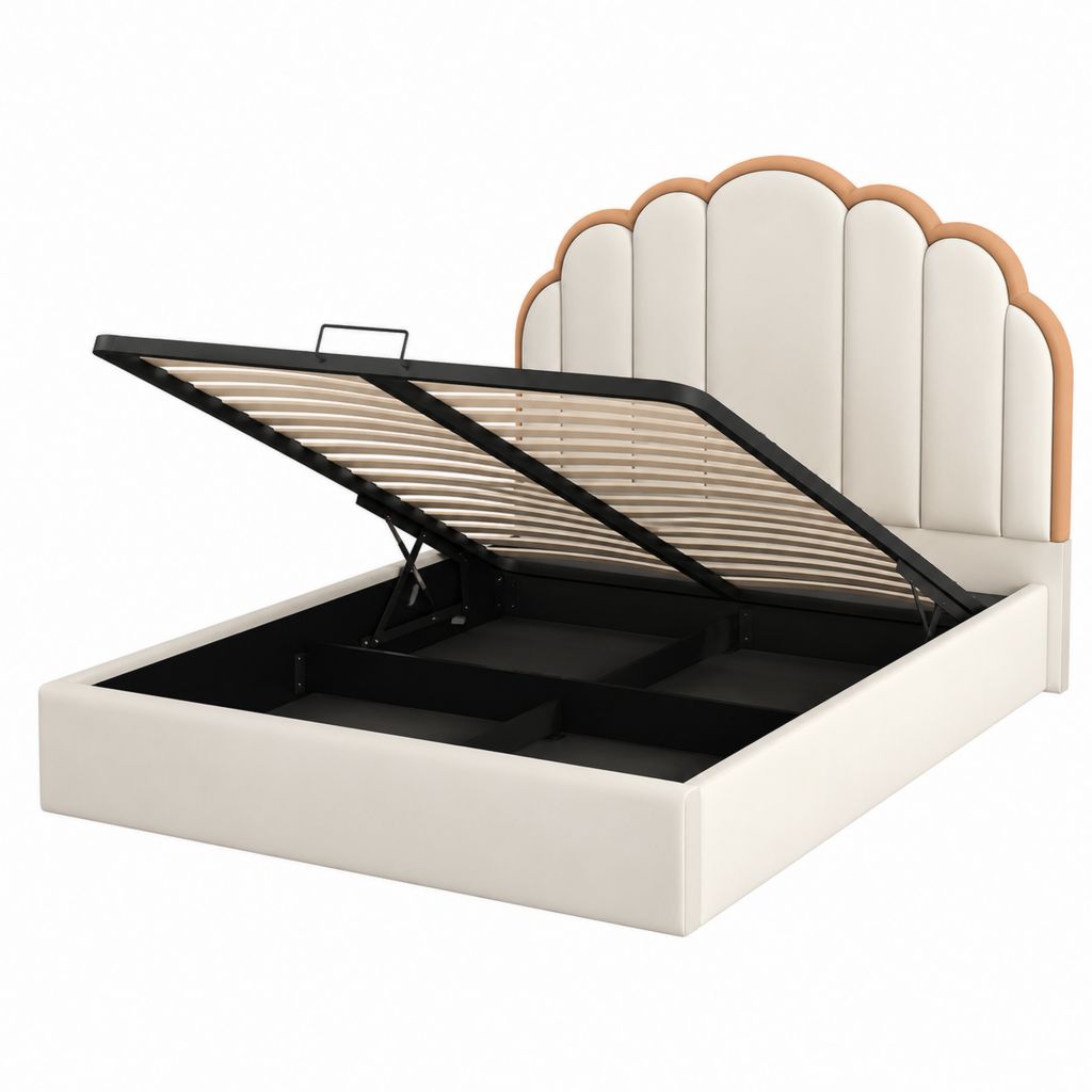 Lit coffre 160 x 200 cm blanc et beige en similicuir PU avec tête de lit capitonnée