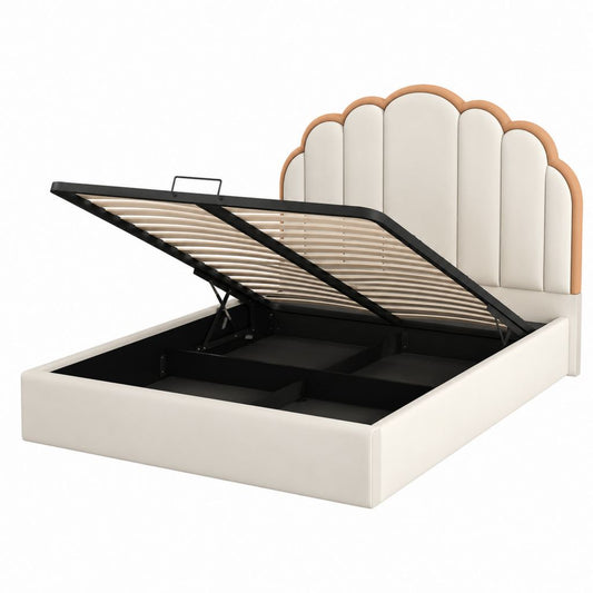 Lit coffre 160 x 200 cm blanc et beige en similicuir PU avec tête de lit capitonnée