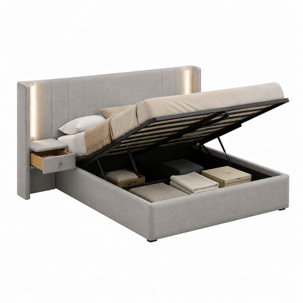 Lit coffre rectangulaire gris en polyester 160 x 200 cm avec éclairage LED et tiroir latéral