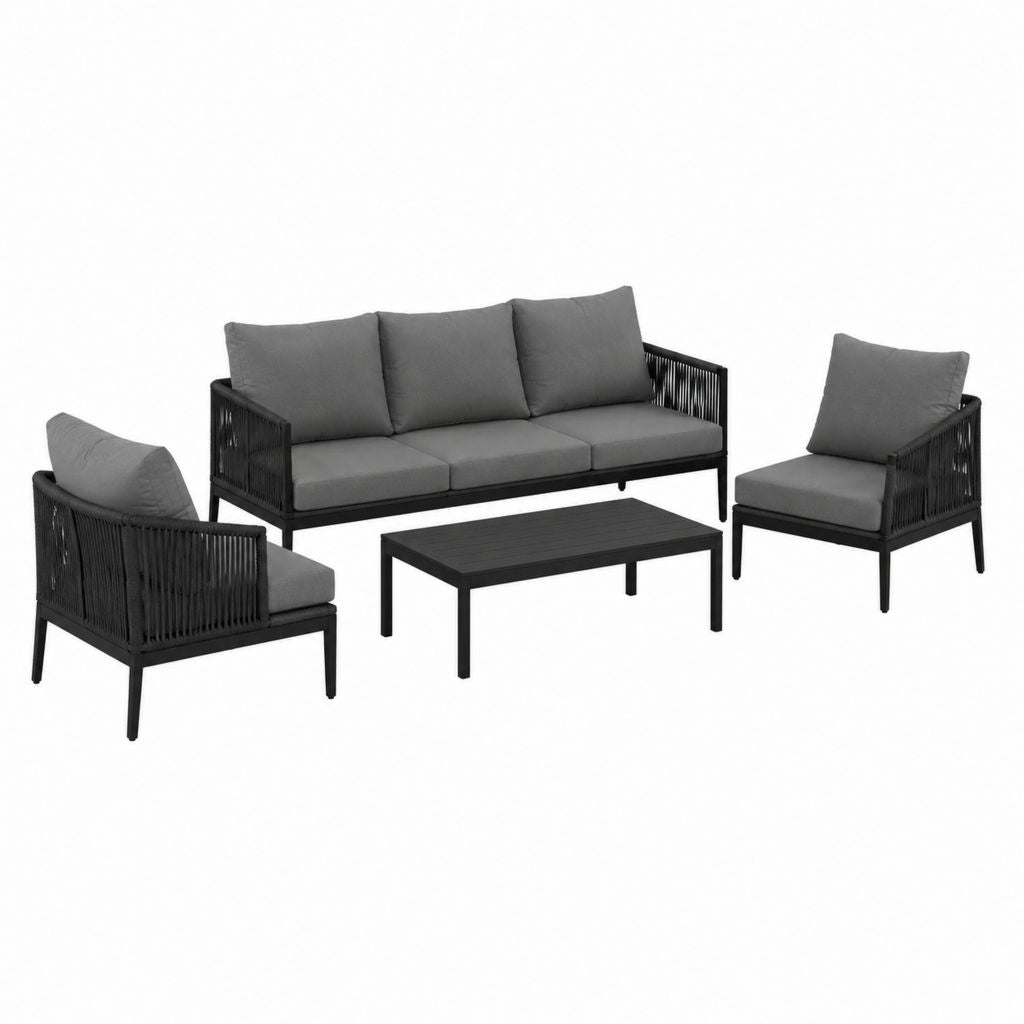 Salon de jardin 4 pièces noir et gris en aluminium corde PE avec canapé 3 places 203 x 76 x 73 cm