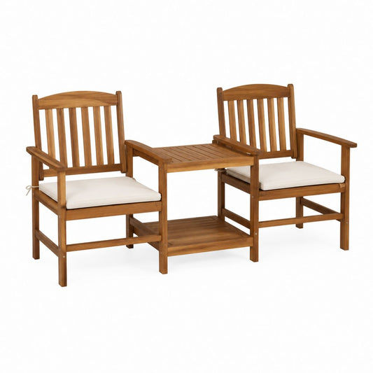 Ensemble salon de jardin 2 fauteuils avec table intégrée en acacia massif marron et coussins crème 159 x 61 x 92 cm