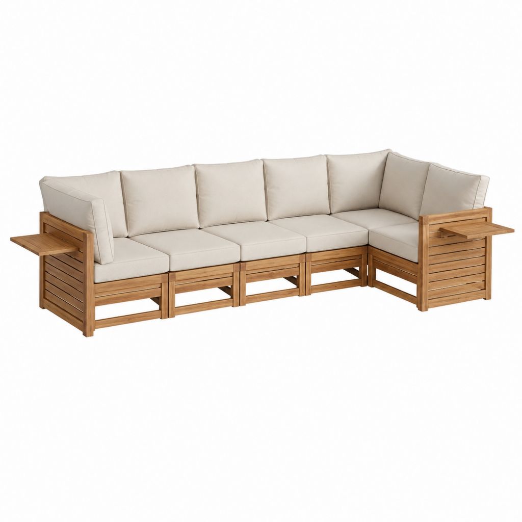 Canapé de jardin d'angle 5 places beige en acacia massif 280 x 220 x 80 cm