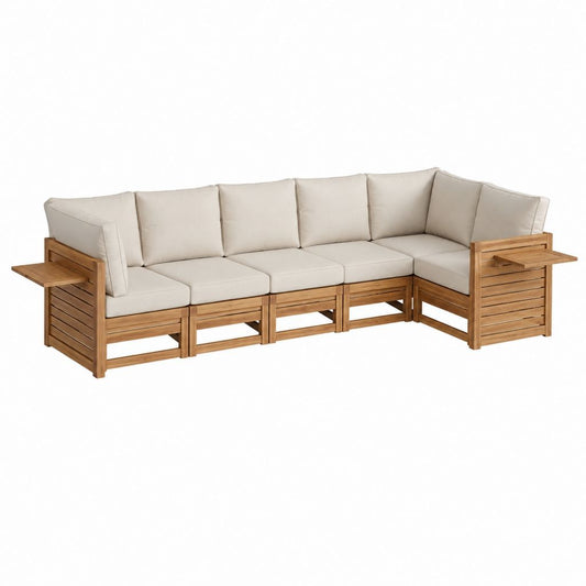 Canapé de jardin d'angle 5 places beige en acacia massif 280 x 220 x 80 cm