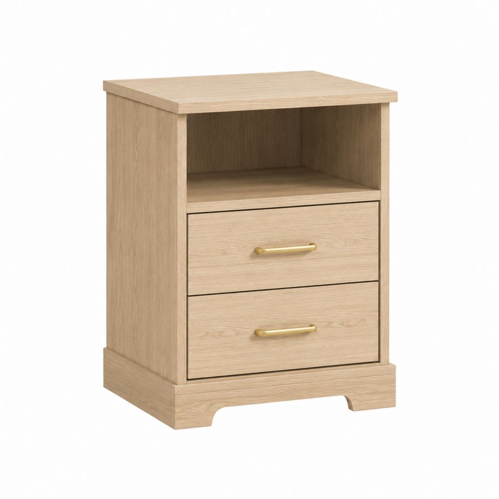 Table de chevet avec 2 tiroirs et niche en panneaux de particules chêne clair 45 x 40 x 65 cm