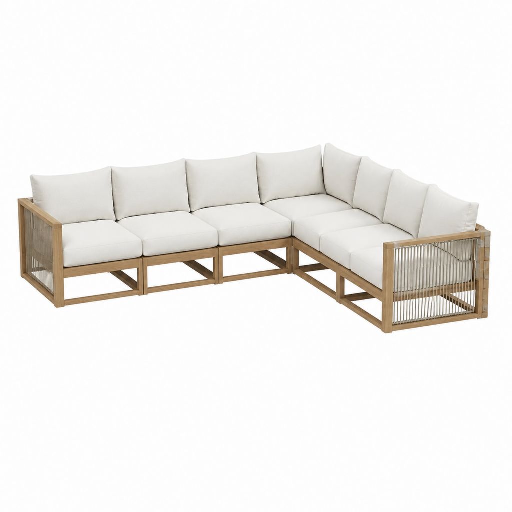 Canapé de jardin d'angle 5 places beige en acacia et polypropylène 250 x 200 x 70 cm
