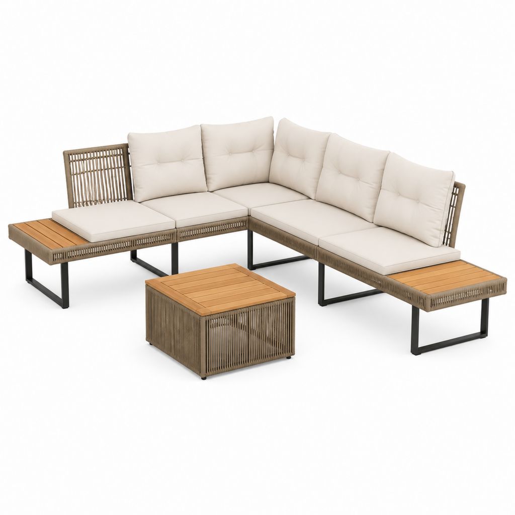 Salon de jardin d'angle 5 places beige en cordage PP acier thermolaqué et acacia avec table basse 220 x 220 x 75 cm