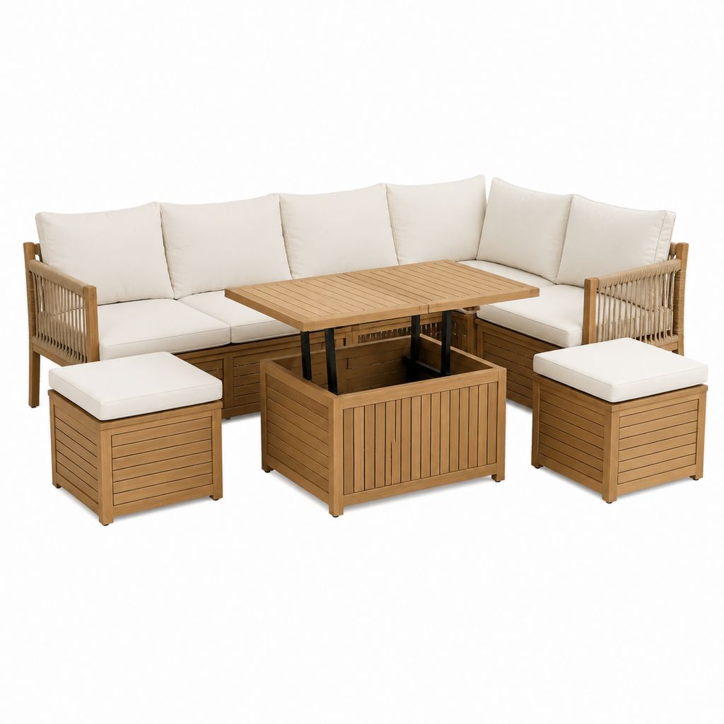 Salon de jardin d'angle 7 pièces en acacia massif beige avec table basse relevable 220 x 220 cm