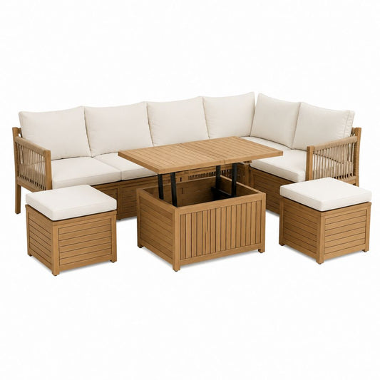 Salon de jardin d'angle 7 pièces en acacia massif beige avec table basse relevable 220 x 220 cm