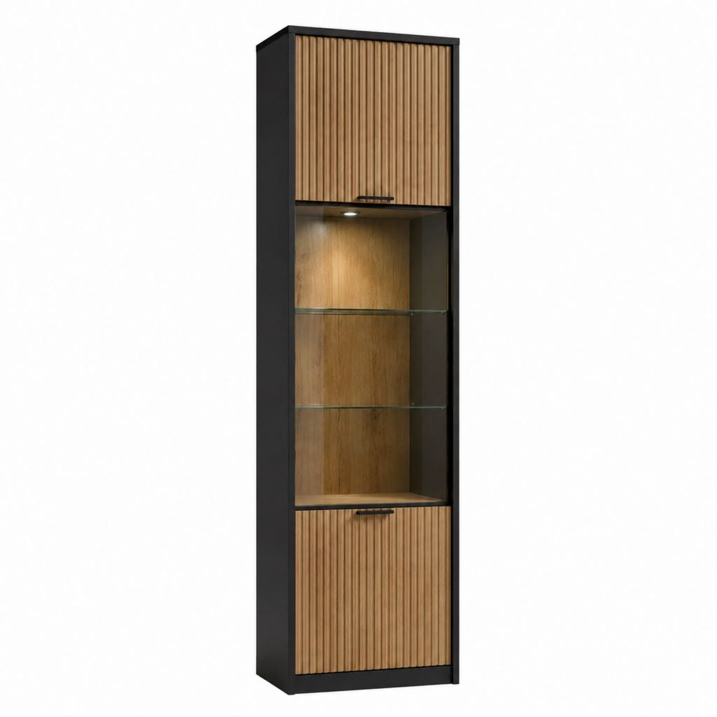 Vitrine de salon noire et chêne à 2 portes avec éclairage LED et étagères en verre 60 x 40 x 190 cm