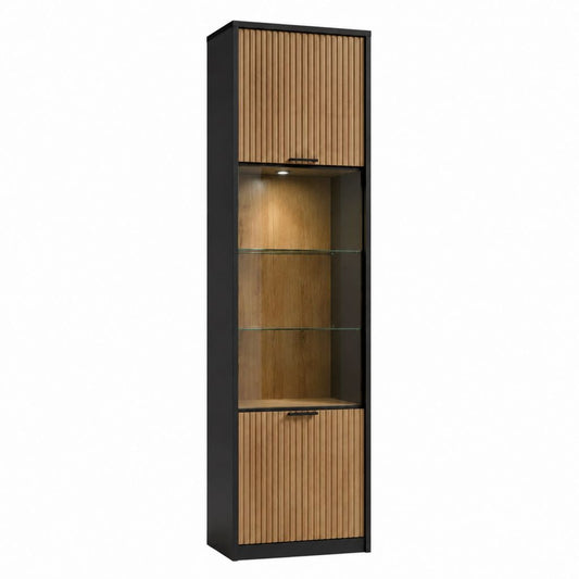 Vitrine de salon noire et chêne à 2 portes avec éclairage LED et étagères en verre 60 x 40 x 190 cm