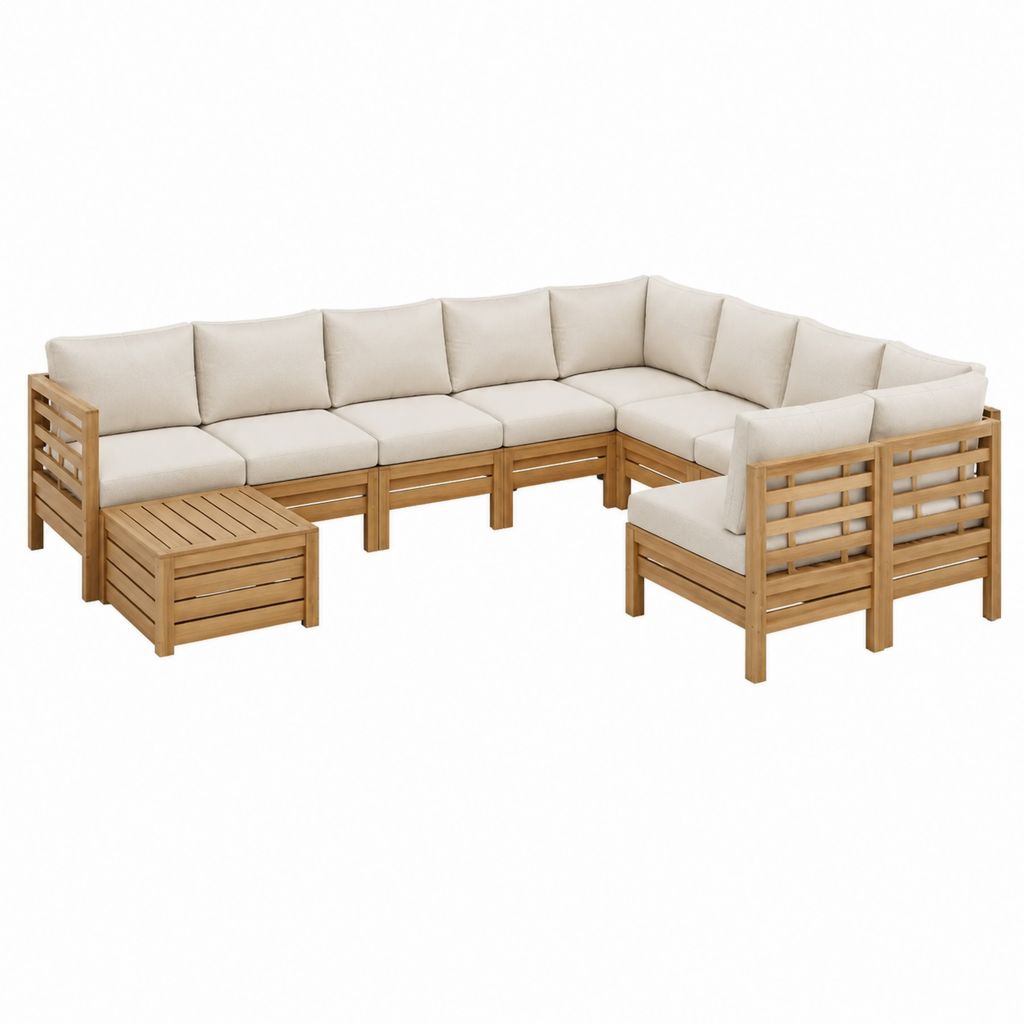 Salon de jardin d'angle 7 places beige en bois d'acacia massif avec coussins 280 x 220 x 76 cm