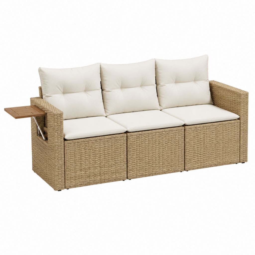 Canapé de jardin 3 places en résine tressée beige avec coussins 200 x 70 x 75 cm