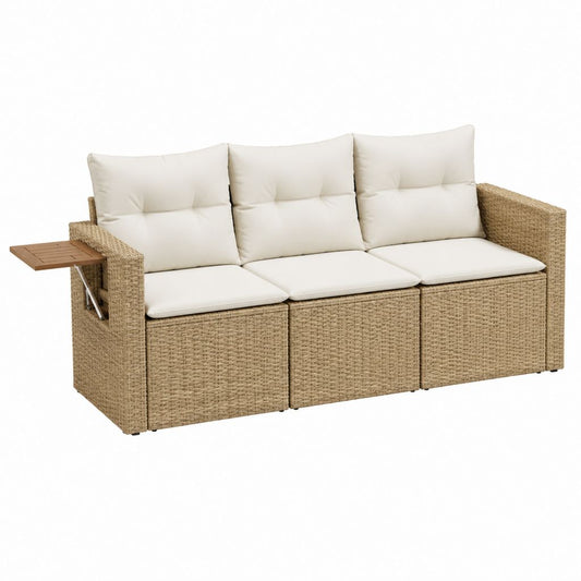 Canapé de jardin 3 places en résine tressée beige avec coussins 200 x 70 x 75 cm