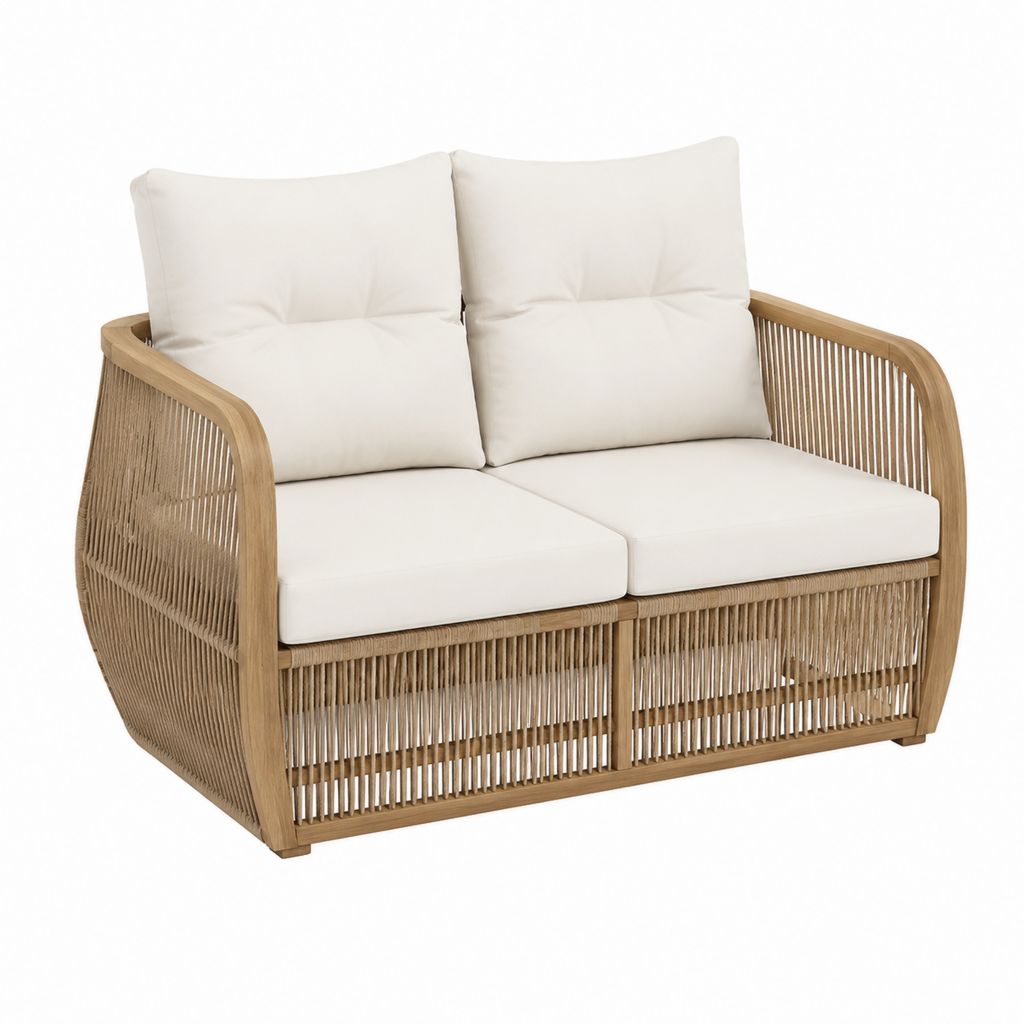 Canapé de jardin 2 places naturel en bois massif d'acacia avec cordage et coussins écrus 140 x 75 x 78 cm