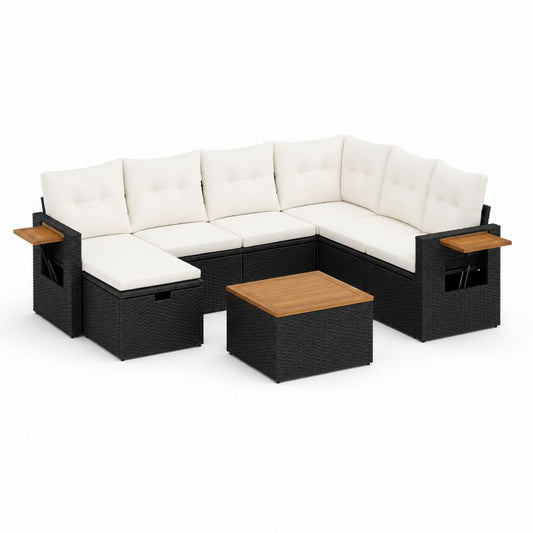 Salon de jardin d'angle 6 places noir et crème en résine tressée PE avec table basse 280 x 210 x 70 cm