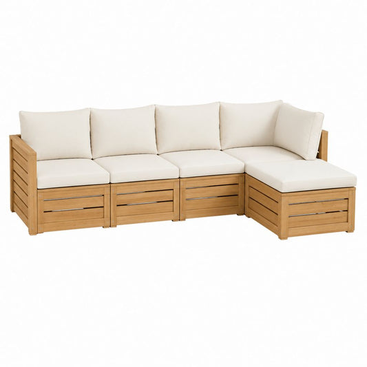 Canapé de jardin d'angle modulable 4 places beige en bois massif d'acacia 210 x 140 x 65 cm