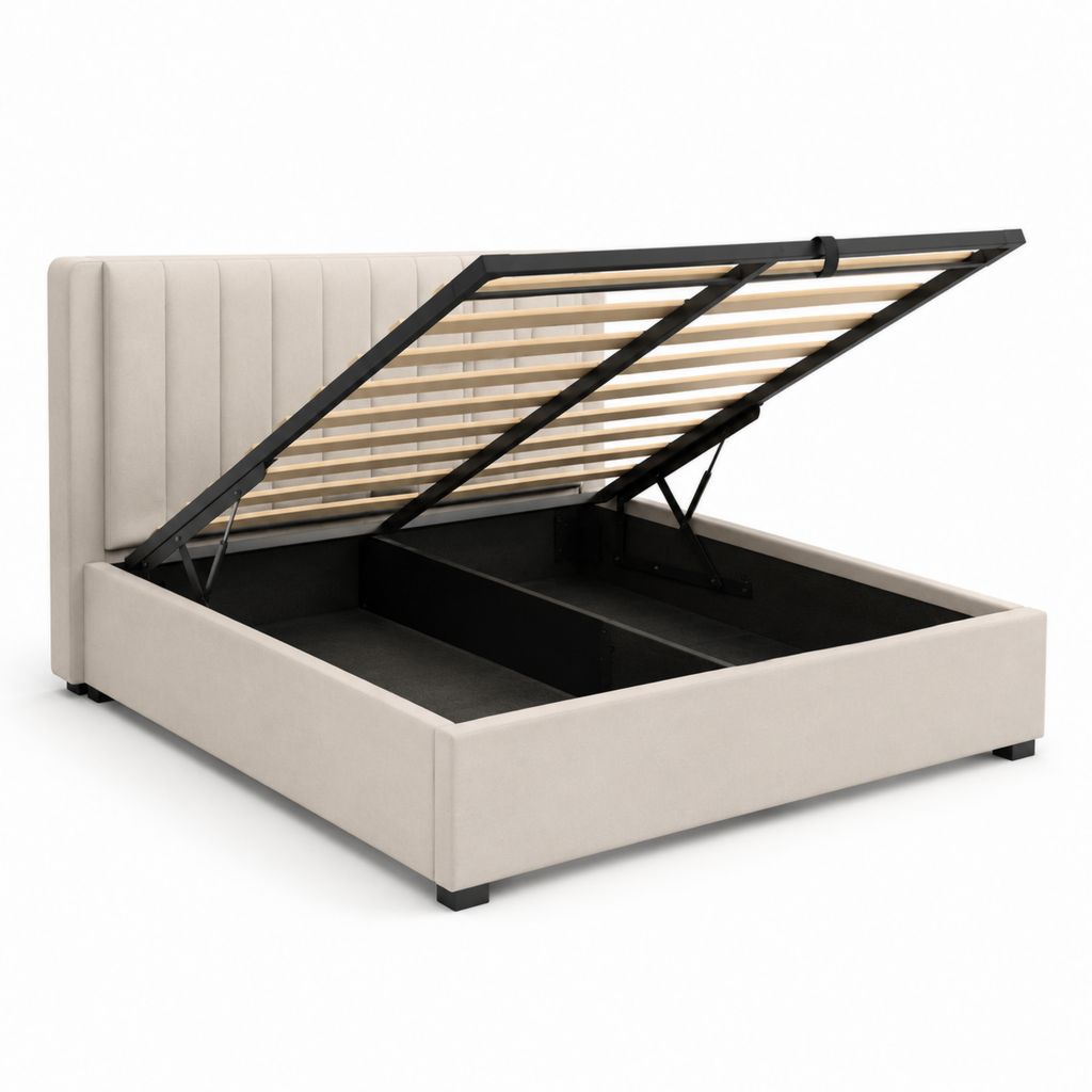 Lit coffre relevable beige en polyester 160 x 200 cm