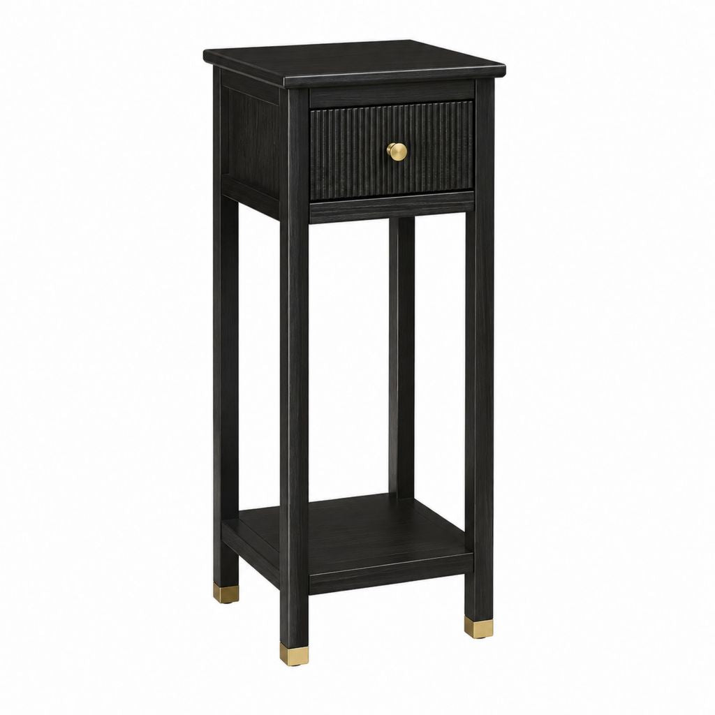 Table de chevet haute noire en bois massif avec tiroir et étagère 30 x 30 x 70 cm