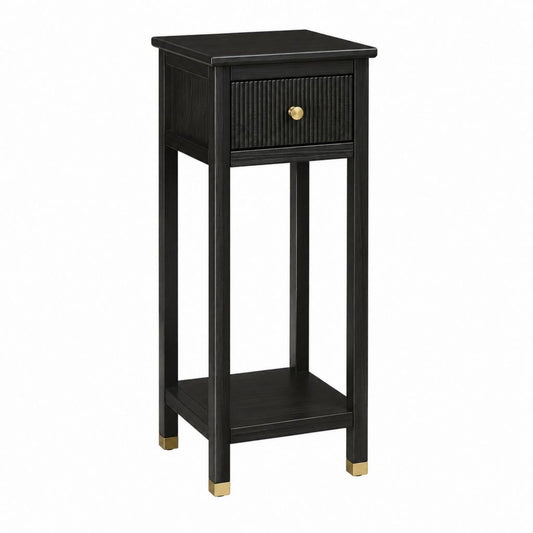 Table de chevet haute noire en bois massif avec tiroir et étagère 30 x 30 x 70 cm