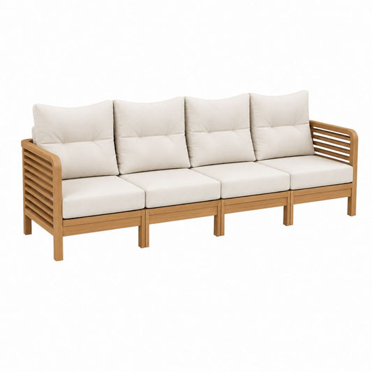Ensemble canapé de jardin 4 places droit beige et marron en bois massif d'acacia 240 x 65 x 60 cm