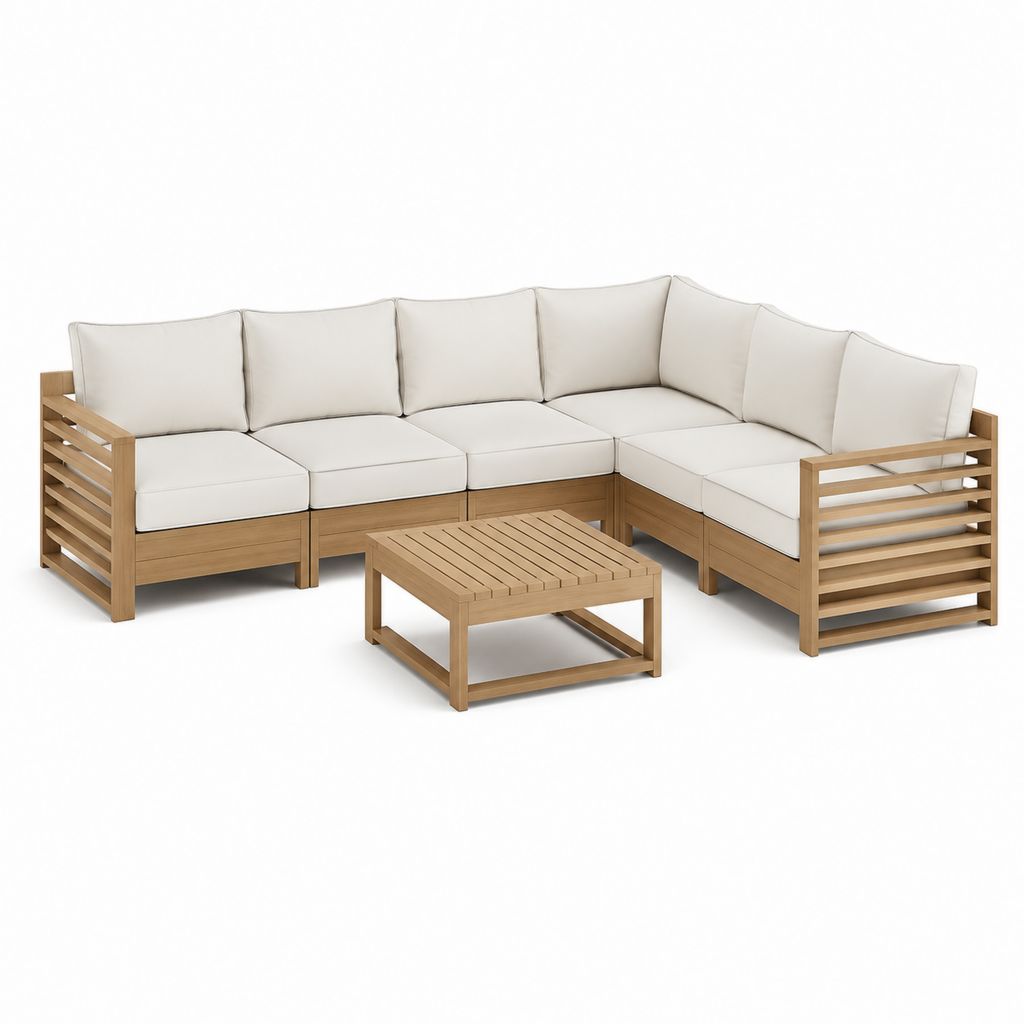 Salon de jardin d'angle 5 places avec table basse beige et bois massif d'acacia 260 x 210 x 78 cm