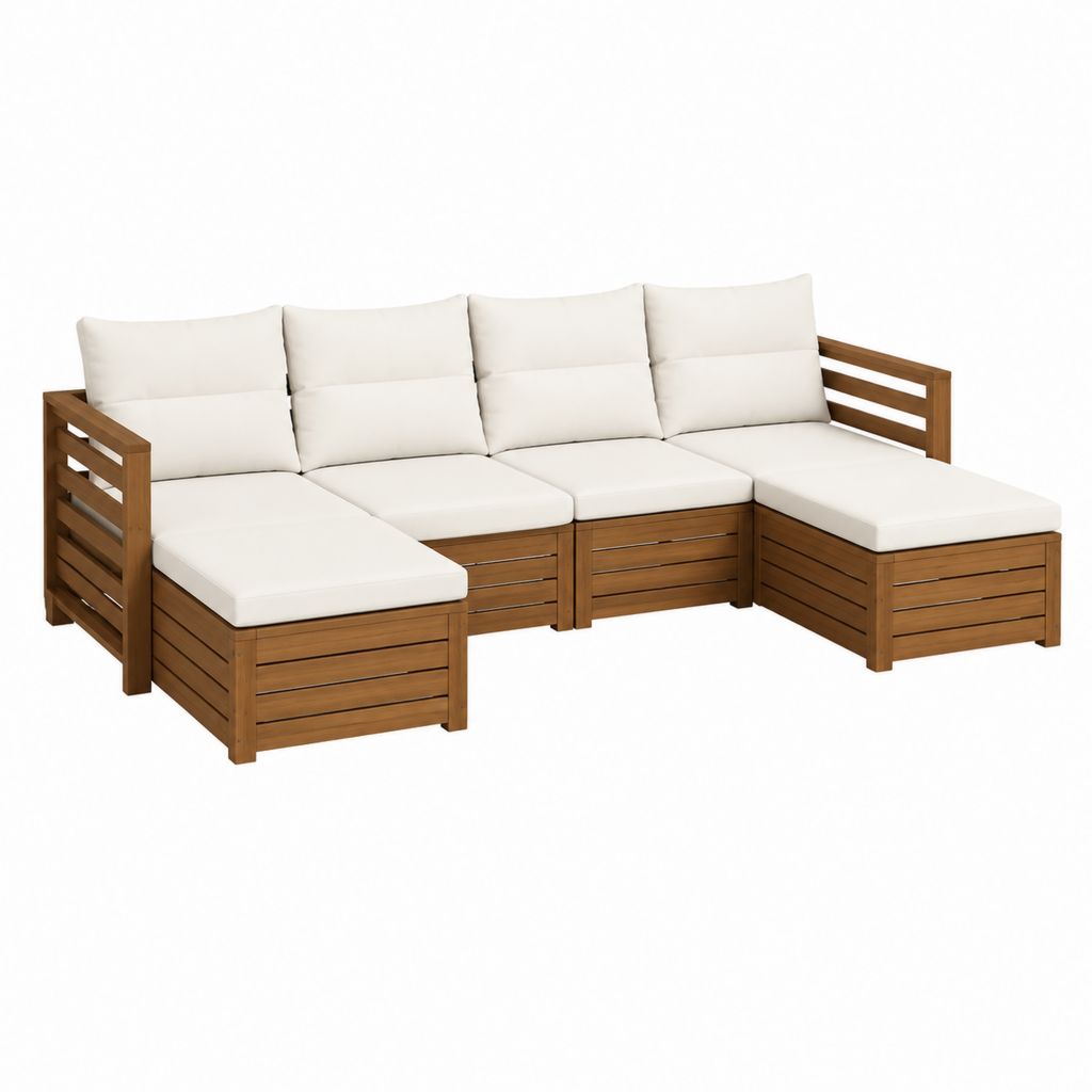 Salon de jardin modulable 4 places en angle marron acacia massif avec coussins crème 276 x 140 x 60 cm