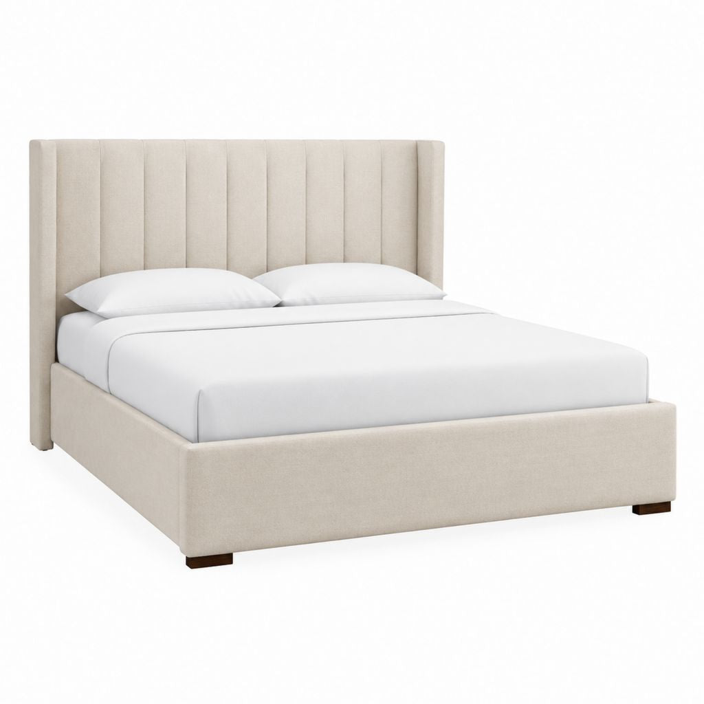 Lit coffre 160 x 200 cm beige en polyester avec tête de lit capitonnée
