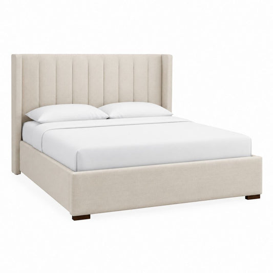 Lit coffre 160 x 200 cm beige en polyester avec tête de lit capitonnée
