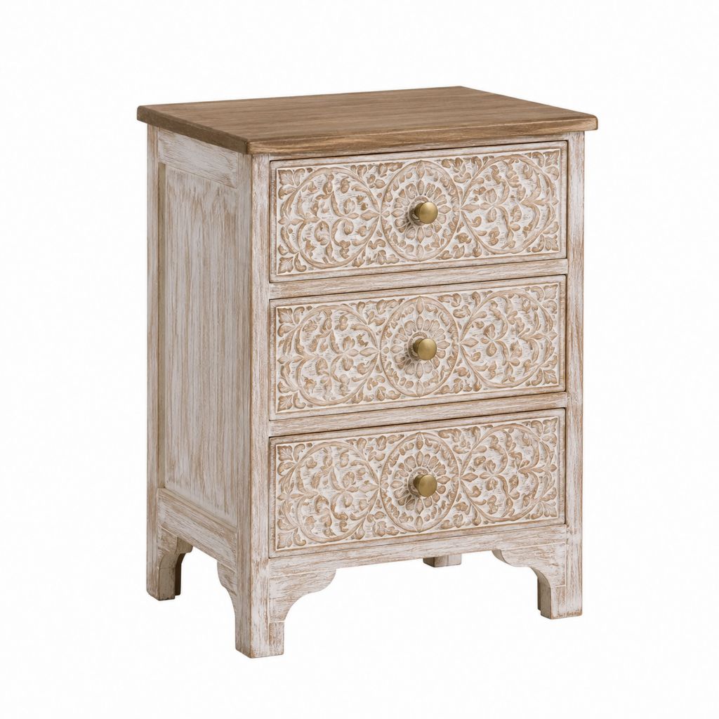 Table de chevet 3 tiroirs en bois massif de manguier blanc délavé 40 x 30 x 65 cm