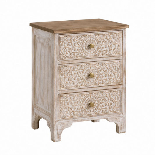Table de chevet 3 tiroirs en bois massif de manguier blanc délavé 40 x 30 x 65 cm